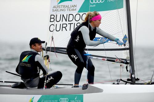 Darren Bundock and Nina Curtis (AUS) competing in the first day of racing in the Nacra17 event at the ISAF world Sailing Cup Melbourne  © Jeff Crow/Sail Melbourne http://www.sportlibrary.com.au